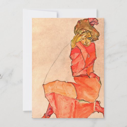 Egon Schiele _ Kneeling Female In Orange Red Dress Thank You Card