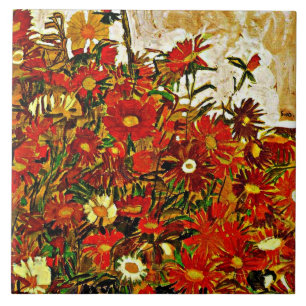 Egon Schiele painting, Field of Flowers Ceramic Tile
