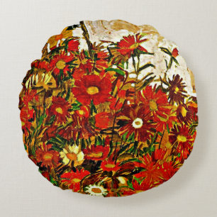 Egon Schiele painting, Field of Flowers Round Pillow