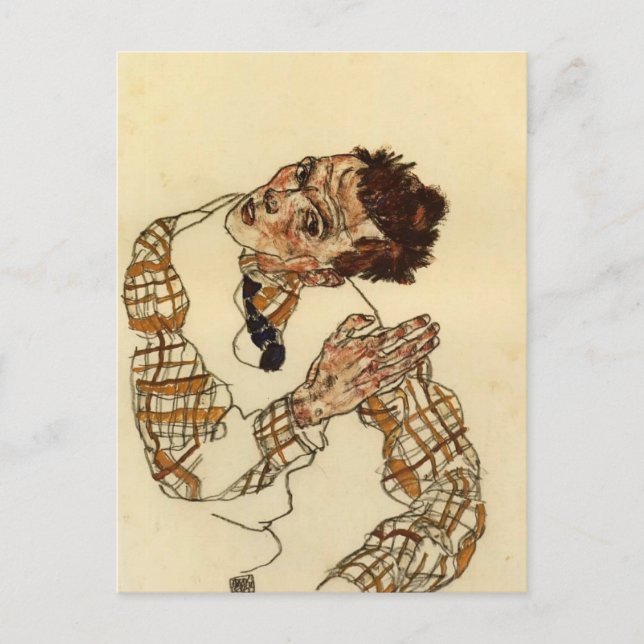 Egon Schiele- Self Portrait with Checkered Shirt Postcard (Front)