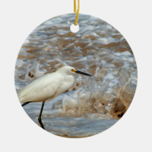 Egret and Wave Splash Ceramic Ornament