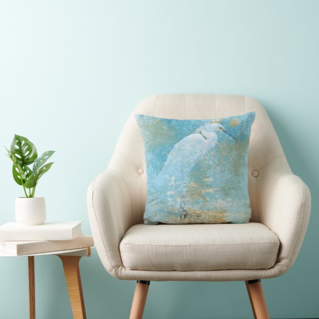 Egret Bird Coastal Beach Art Throw Pillow (Chair)