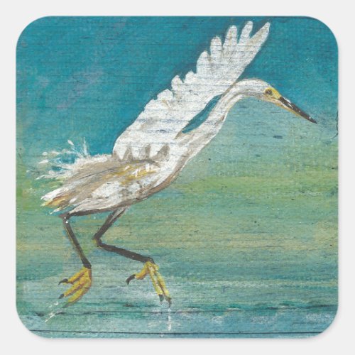 Egret Coastal Bird Ocean Lake Painting Square Sticker