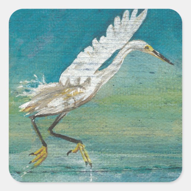 Egret Coastal Bird Ocean Lake Painting Square Sticker (Front)