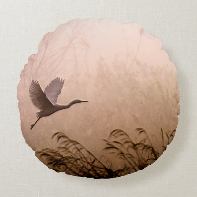 Egret Flying in Fog at Sunrise Round Pillow (Front)
