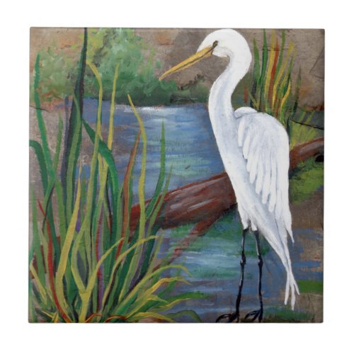 Egret in Bayou Ceramic Tile