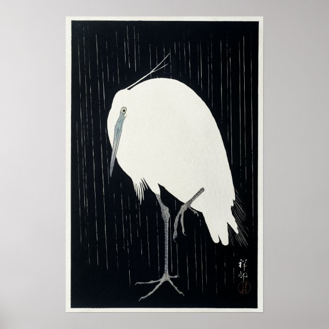 Egret In Rain by Ohara Koson Vintage Print (Front)