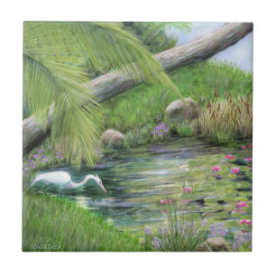 Egret on Pond Ceramic Tile