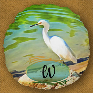 Egret On The Mismaloya River 0335 Round Pillow