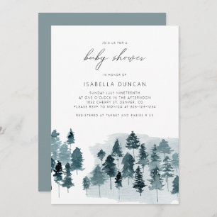 EGRET Rustic Blue Winter Pine Tree Baby Shower Invitation