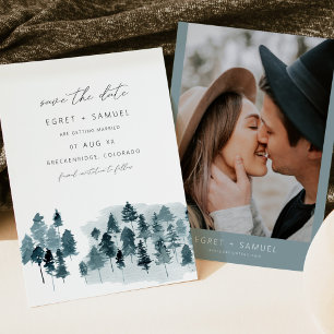 EGRET Slate Blue Watercolor Pine Save the Date Invitation