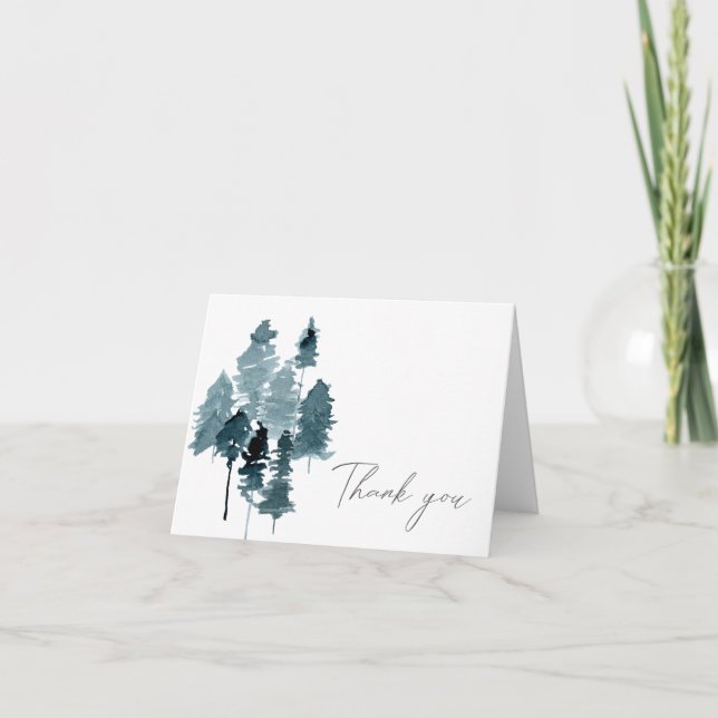 EGRET Slate Blue Watercolor Pines Thank You Card (Front)
