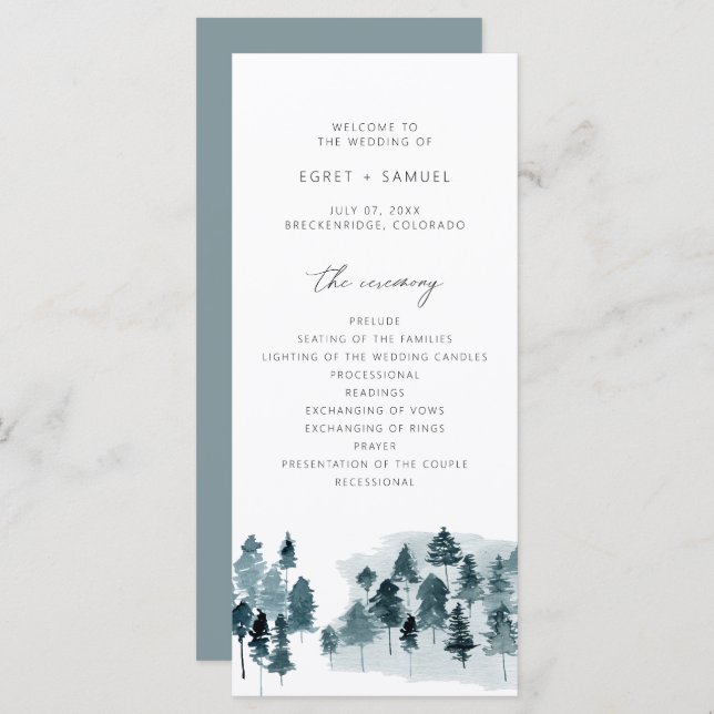 EGRET Slate Blue Watercolor Pines Wedding Program (Front/Back)