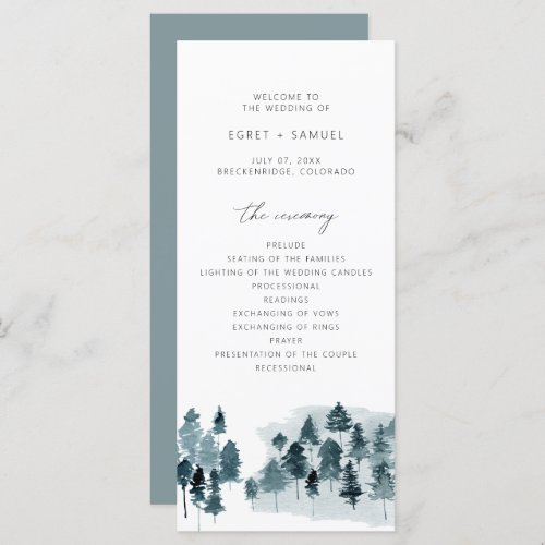 EGRET Slate Blue Watercolor Pines Wedding Program