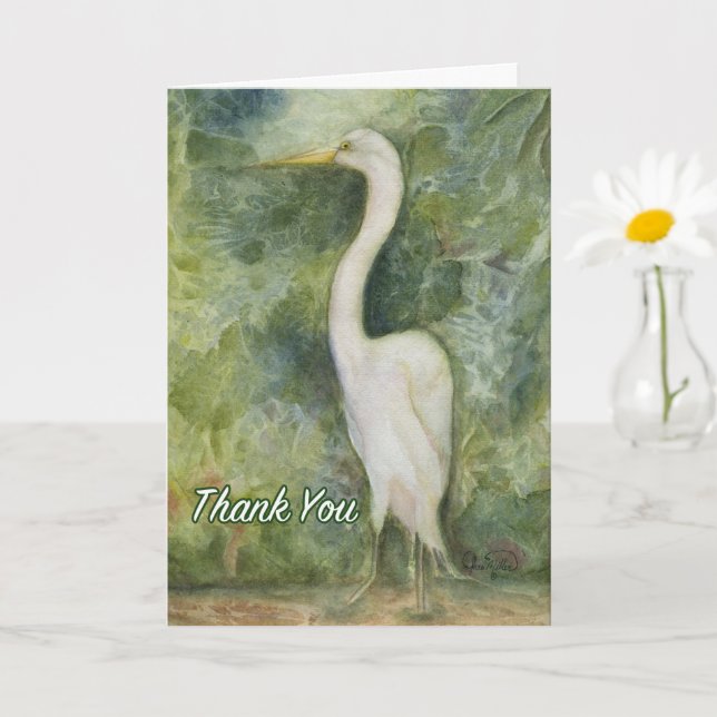 Egret white bird in jungle standing Thank You card (Small Plant)