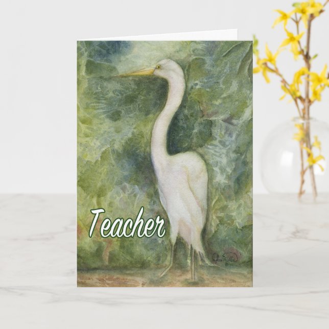 Egret white bird wilderness Teacher Birthday Card (Yellow Flower)