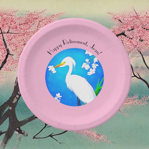 Egret with Sakura Cherry Blossoms and Blue Sky Paper Plates
