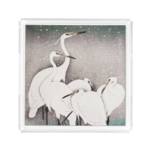 Egrets In Winter Snow Asian Art Serving Tray
