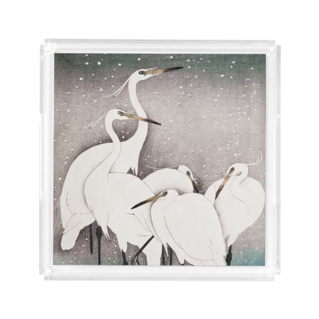 Egrets In Winter Snow Asian Art  Serving Tray (Front)