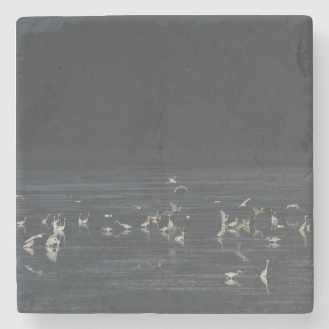 Egrets On The Midnight Blue Ocean Stone Coaster (Front)