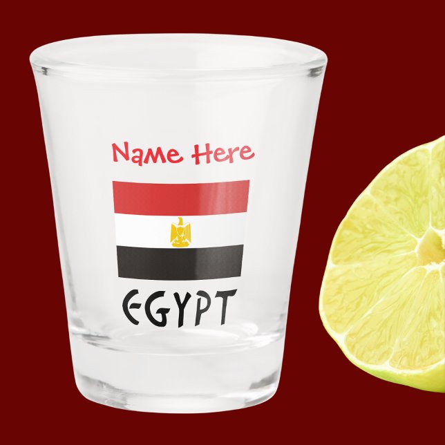 Egypt Egyptian Flag Red Personalized  Shot Glass (Egyptian Flag on shot glass has the word EGYPT below in black letters. Add name above in red letters)