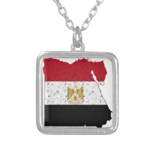 Egypt Flag Map Crackle Silver Plated Necklace