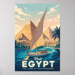 Egypt Pyramid Illustration Travel Art Vintage Poster