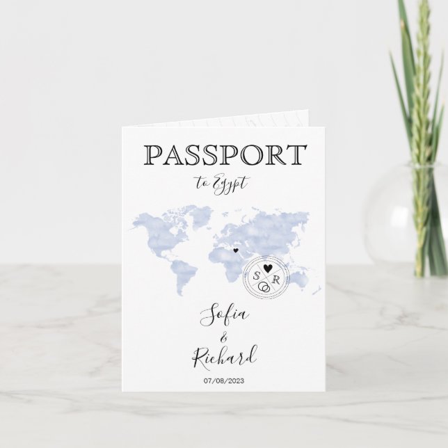 Egypt Wedding Destination Passport Blue World Map Invitation (Front)