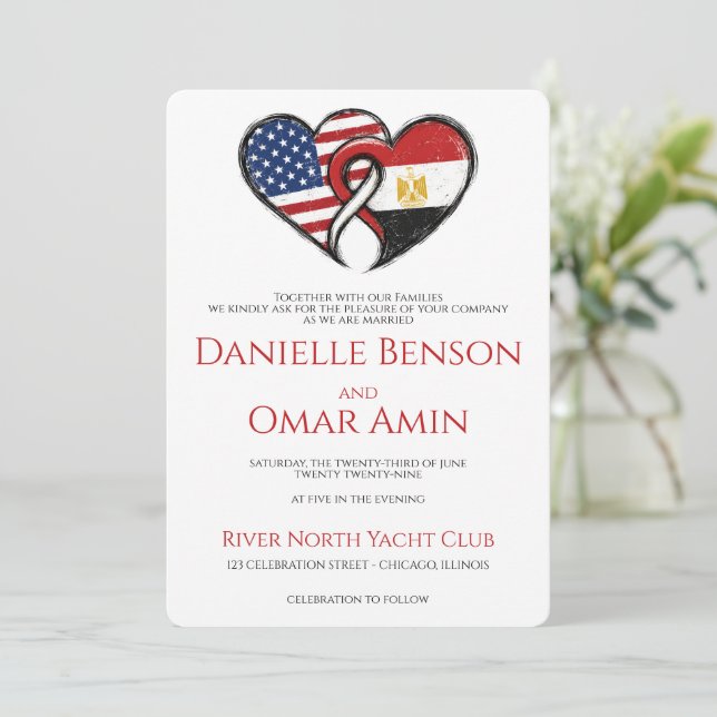 Egyptian American Heart Flags Wedding Invitation (Standing Front)