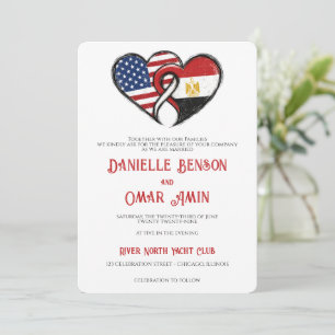 Egyptian American Heart Flags Wedding Invitation