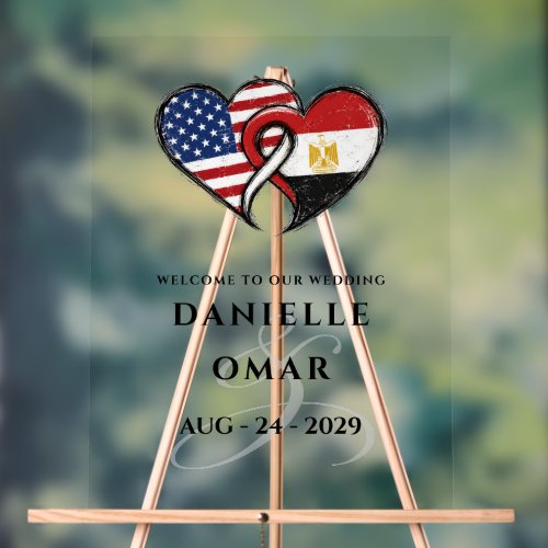 Egyptian American Heart Flags Wedding Welcome Acrylic Sign