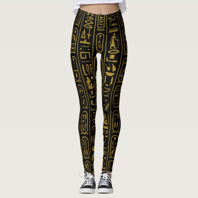 Egyptian Ancient Gold hieroglyphs on black Leggings (Front)