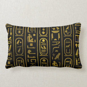 Egyptian Ancient Gold hieroglyphs on black Lumbar Pillow