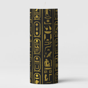 Egyptian Ancient Gold hieroglyphs on black Pillar Candle