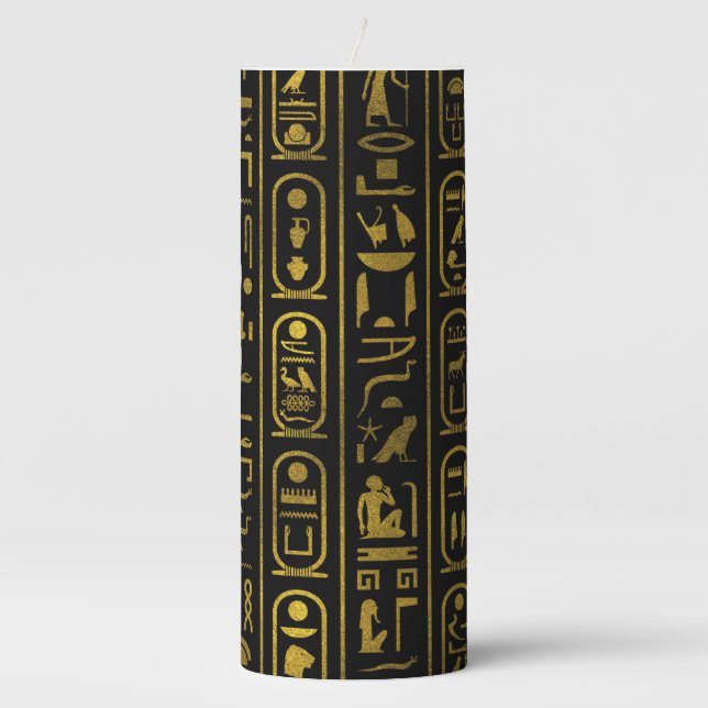 Egyptian Ancient Gold hieroglyphs on black Pillar Candle (Front)