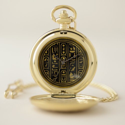 Egyptian Ancient Gold hieroglyphs on black Pocket Watch