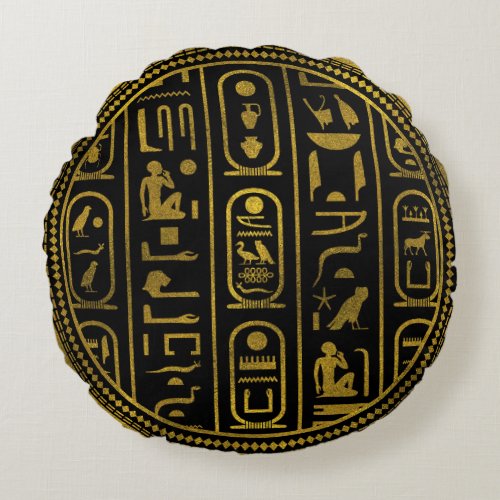 Egyptian Ancient Gold hieroglyphs on black Round Pillow