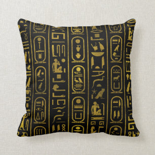 Egyptian Ancient Gold hieroglyphs on black Throw Pillow