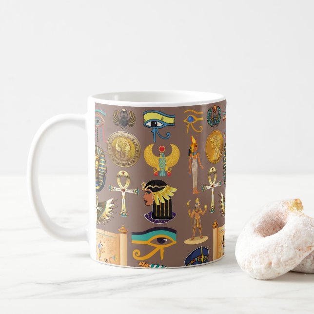 Egyptian Ancient Hieroglyphic Pattern Symbol Coffee Mug (With Donut)