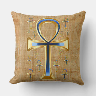 Egyptian Ankh - Gold and Blue Design Throw Pillow
