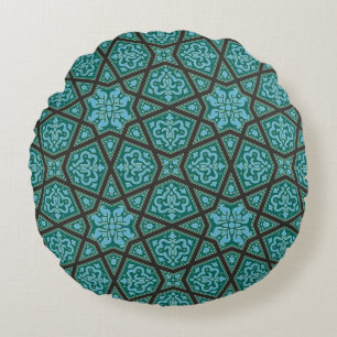 Egyptian arabic geometric in vintage blue and grey round pillow
