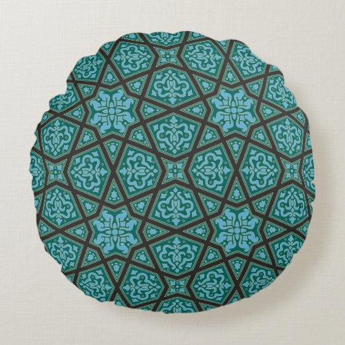 Egyptian arabic geometric in vintage blue and grey round pillow