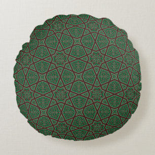 Egyptian arabic geometric pattern in brown green round pillow