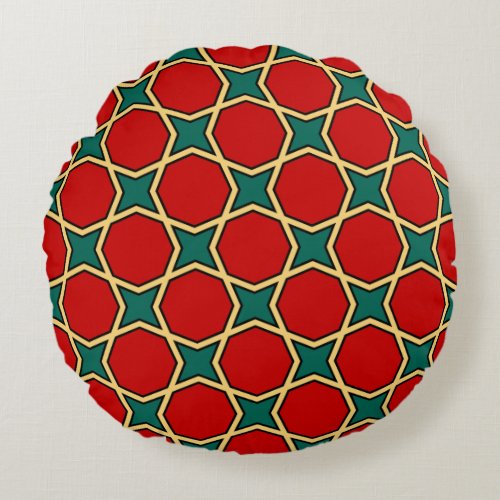 Egyptian arabic geometric pattern in red and green round pillow