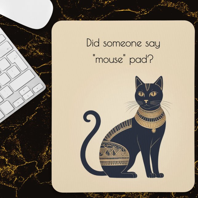 Egyptian Black Cat Funny Humor Mouse Pad (A funny mouse pad for cat lovers, with black and faux gold Egyptian cat picture and humorous caption)