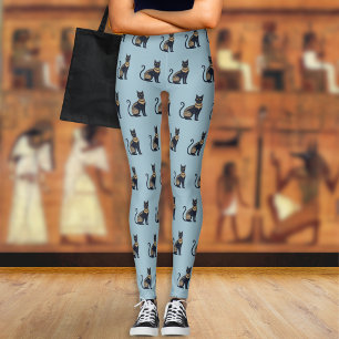Egyptian Black Cat Patterned Dusty Blue Leggings