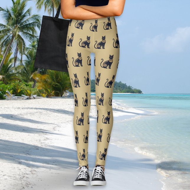 Egyptian Black Cat Patterned Sand Color Leggings (A pair of leggings in sand beige, with Egyptian-inspired black and faux gold cat pattern)