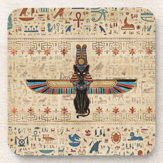 Egyptian Cat - Bastet on papyrus Beverage Coaster (Front)