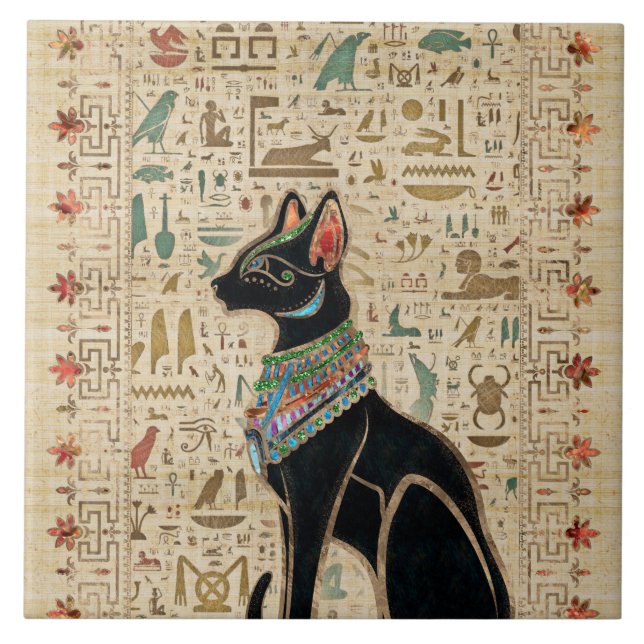 Egyptian Cat - Bastet on papyrus Ceramic Tile (Front)