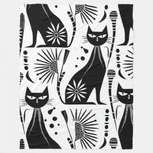 Egyptian Cat - Black and White Pattern Fleece Blanket